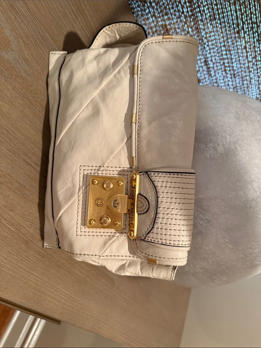 Juicy Couture Cream Leather Quilted Clutch with Gold Lock